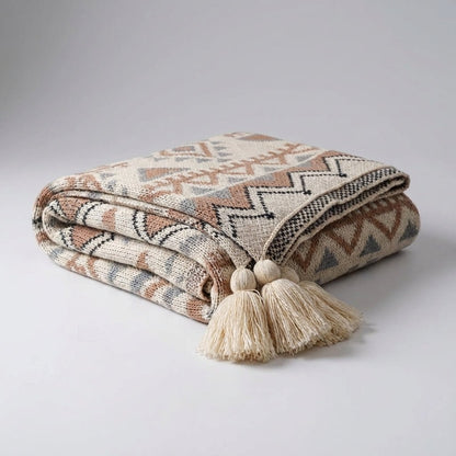 Knitted Boho Pompom Throw - Natural Cosy Beige Decoration