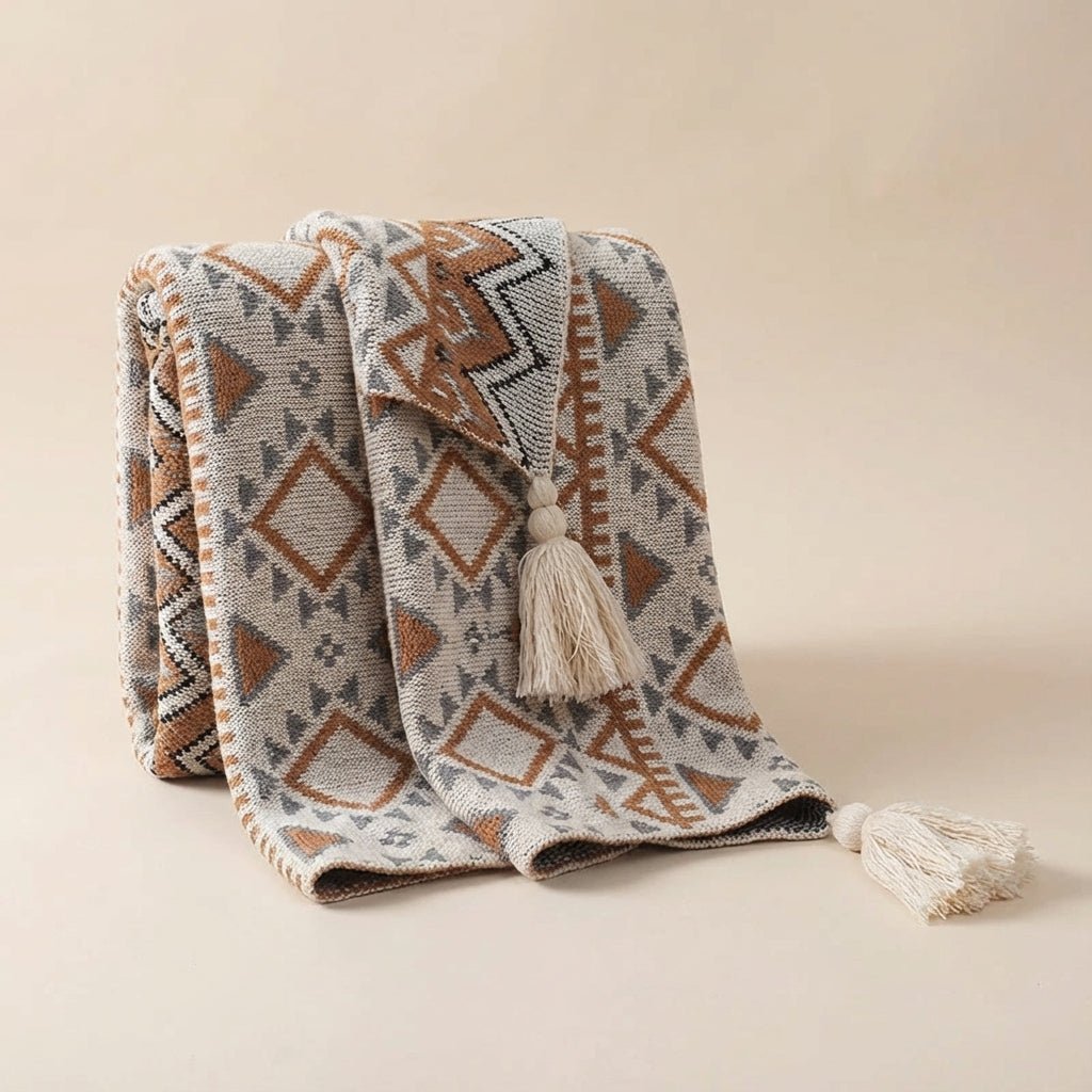Knitted Boho Pompom Throw - Natural Cosy Beige Decoration
