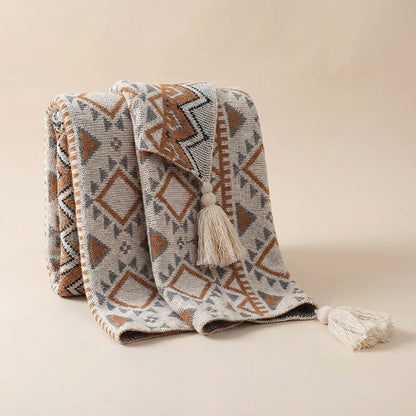 Knitted Boho Pompom Throw - Natural Cosy Beige Decoration