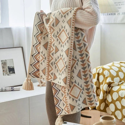 Knitted Boho Pompom Throw - Natural Cosy Beige Decoration