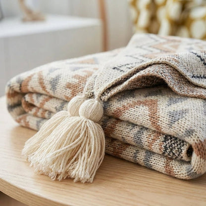 Knitted Boho Pompom Throw - Natural Cosy Beige Decoration