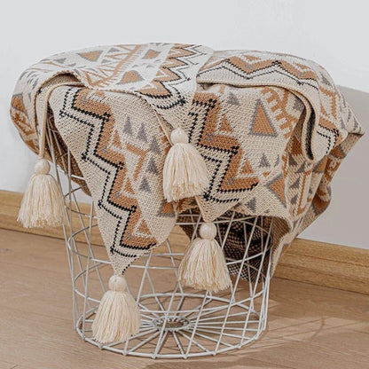 Knitted Boho Pompom Throw - Natural Cosy Beige Decoration