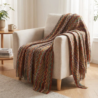 Knitted Boho Striped Throw - Colourful Artisan Sofa Style