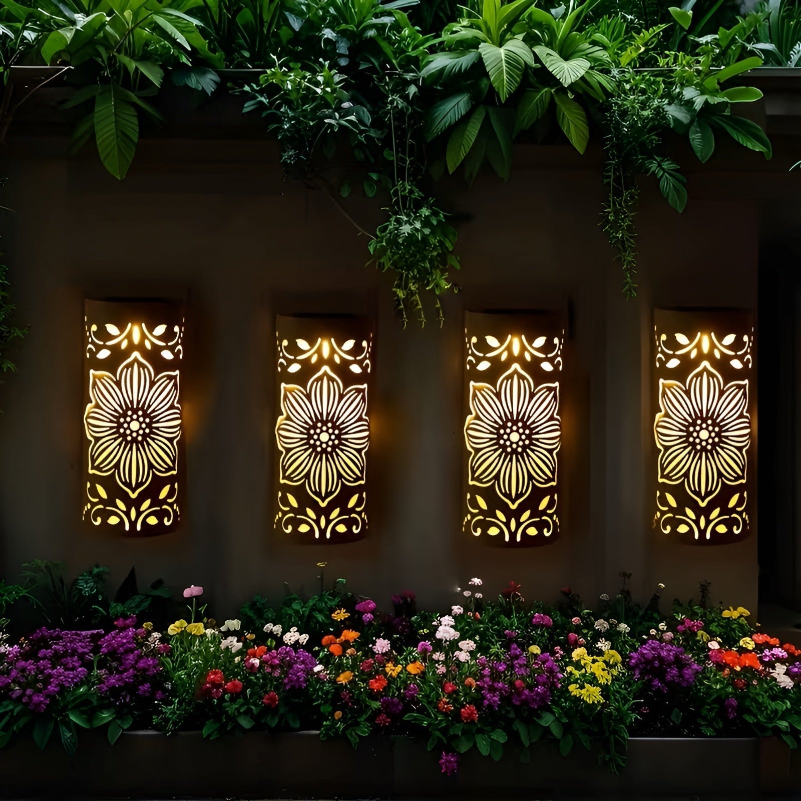 Applique Solaire Motif Floral Noir | Décoration Résistante Jardin et Terrasse