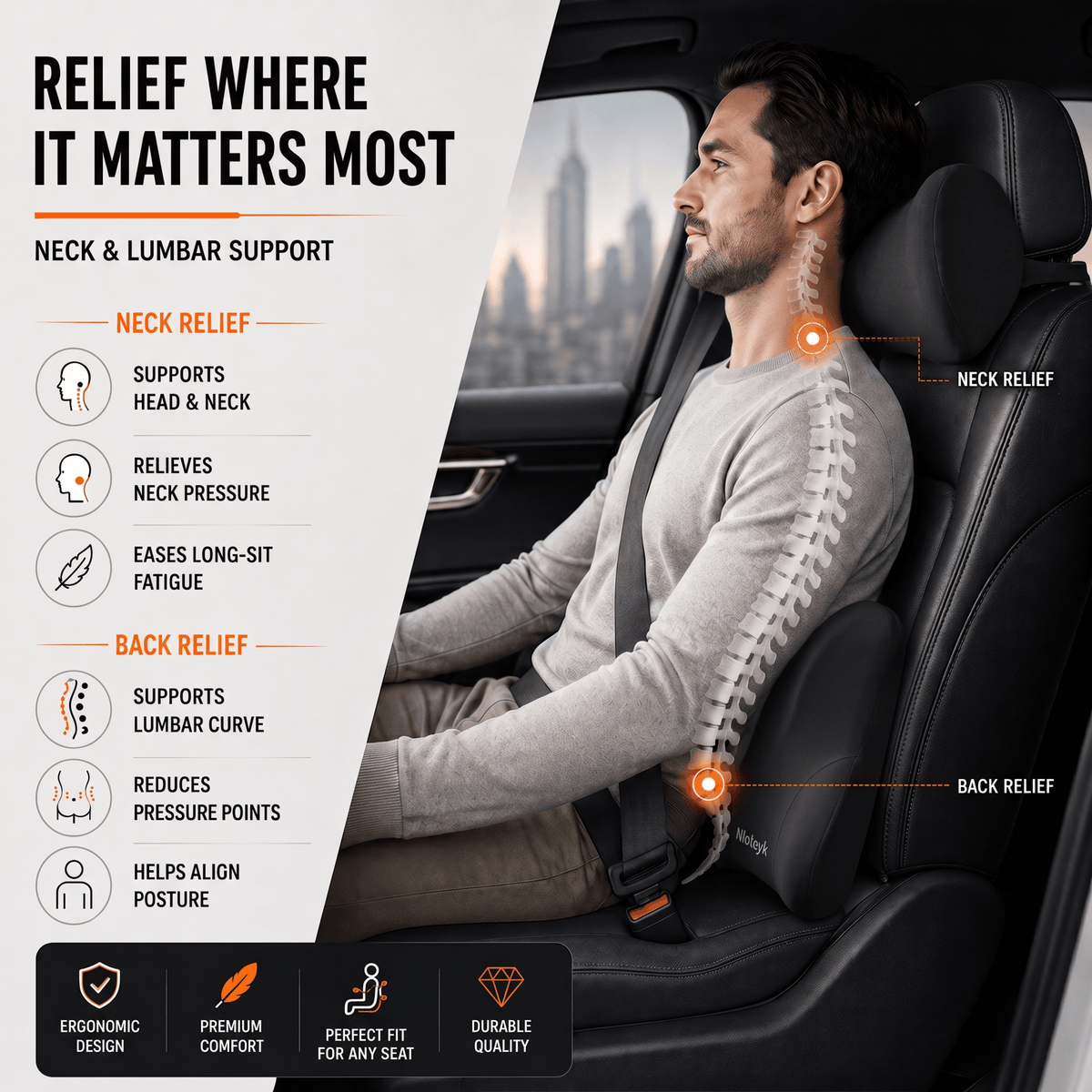 Cervical & Lumbar Car Support - Memory Foam Ergonomic Set