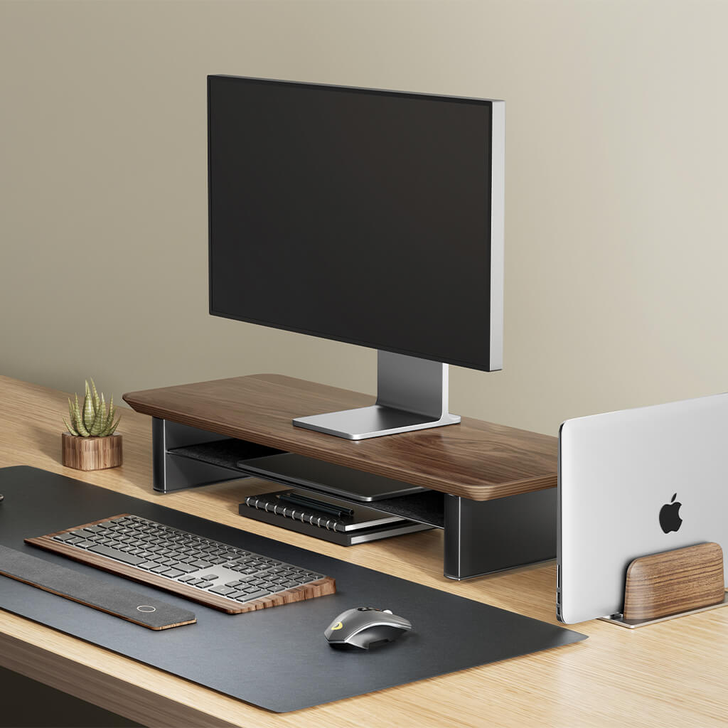 Rehausse-Écran Étagère de Bureau en Noyer — Ergonomie et Rangement