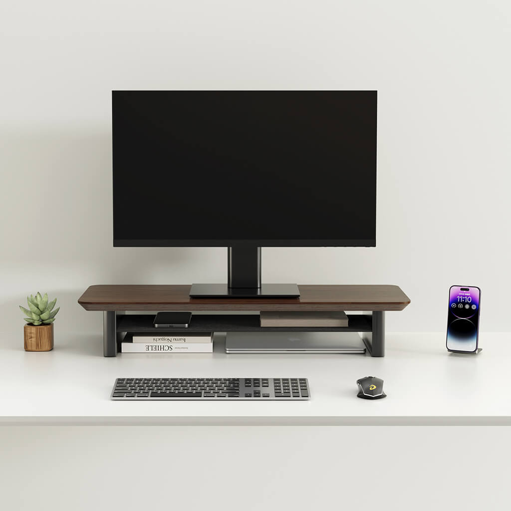 Rehausse-Écran Étagère de Bureau en Noyer — Ergonomie et Rangement